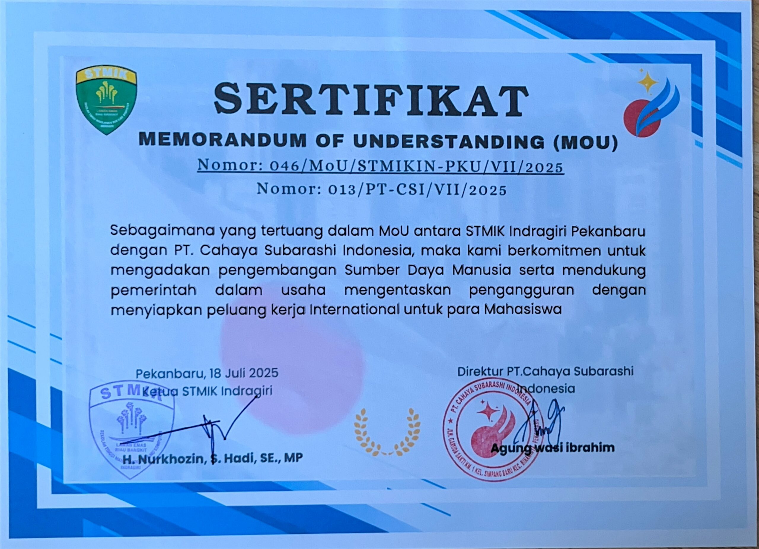 Kolaborasi Strategis STMIK Indragiri dan PT. Cahaya Subarashi Indonesia Wujudkan SDM Unggul dan Peluang Kerja Internasional
